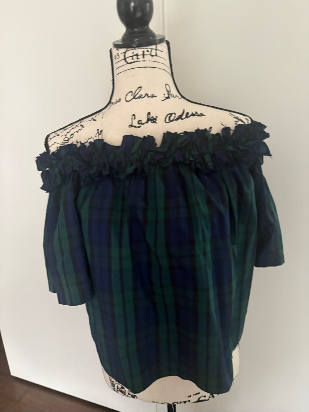 Vineyard Vines Green & Navy Plaid Off-Shoulder Crop Top